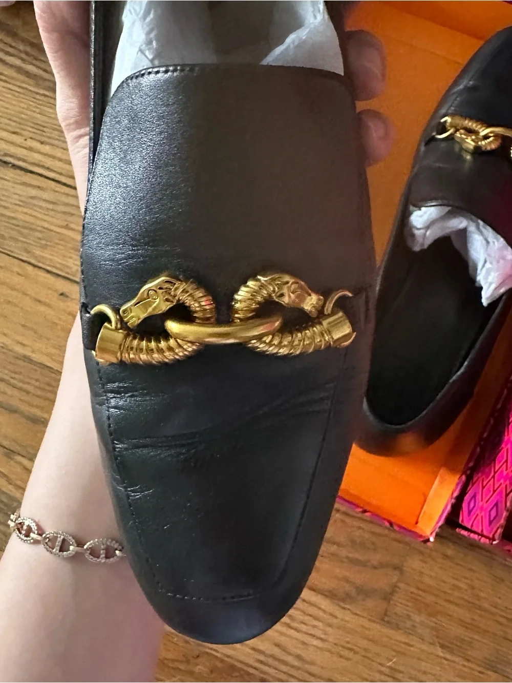 Tory Burch Black Leather Loafers with Gold Chain Trim